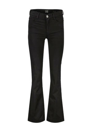 Jeans neri a campana con una texture liscia, dotati di chiusura frontale con bottone, passanti per cintura e un sottile dettaglio di cucitura lungo le cuciture.