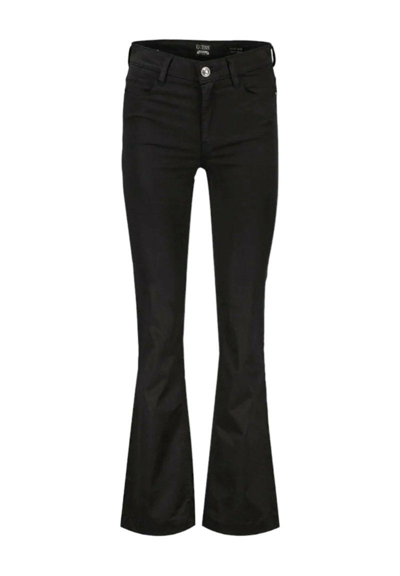 Jeans neri a campana con una texture liscia, dotati di chiusura frontale con bottone, passanti per cintura e un sottile dettaglio di cucitura lungo le cuciture.