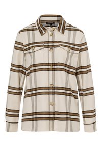 Camicia di flanella beige con motivo a scacchi marrone e grigio, dotata di colletto, due tasche frontali e bottoni marroni lungo la patta.