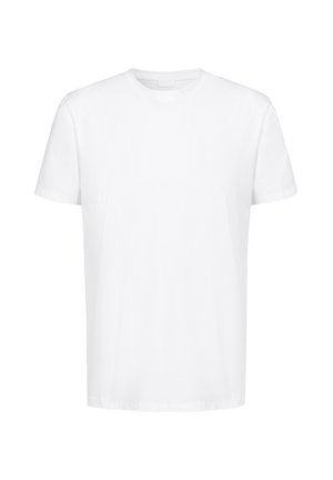 T-shirt en coton blanc avec un col rond, des manches courtes et un ourlet droit. Texture lisse, sans motifs ni ornements visibles.