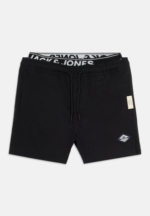 Short noir à cordon avec ceinture élastique et doublure intérieure de marque, comprenant deux poches latérales et un petit patch logo sur la jambe.
