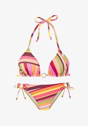 Gestreepte bikini in roze, oranje en groen. Driehoekige top met een gouden ringdetail, verstelbare strikjes en bijpassende onderkant met zijsstrikjes.