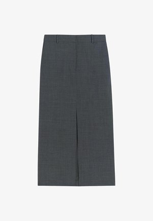 Gray knee-length skirt made of textured fabric. Features a front slit, waistband, and simple design. Suitable for formal occasions.