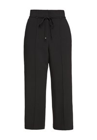 Zwarte wijde broek met een trekkoord in de taille, gemaakt van lichtgewicht stof. Bevat verticale naaddetails voor een gestroomlijnde uitstraling.
