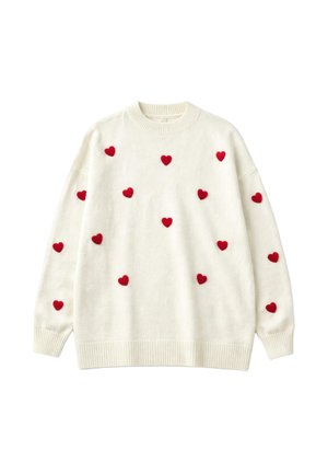 Maglione a maglia color crema con applique a forma di cuore rosso sparse e polsini, orlo e scollo a costine.