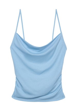 Top camicia azzurro chiaro senza maniche con sottili spalline e scollo drappeggiato.