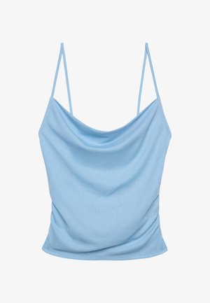 Top camicia azzurro chiaro senza maniche con sottili spalline e scollo drappeggiato.