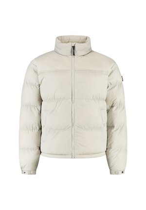 Lichtbeige puffer jas met een hoge kraag, ritssluiting, zijzakken en een gestikte patroon met knoopsluiting aan de mouwen.