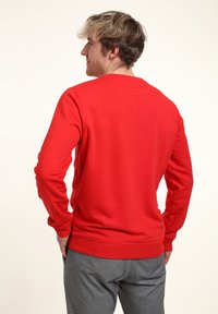 Felpa rossa con maniche lunghe e polsini a costine, caratterizzata da un collo rotondo e una texture liscia. Indossata sopra dei pantaloni della tuta grigi.
