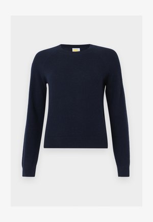 Μπλε ναυτικό πουλόβερ με στρογγυλή λαιμόκοψη και μακριά μανίκια, με ριμπ μανσέτες και τελείωμα, απλωμένο σε λευκό φόντο.