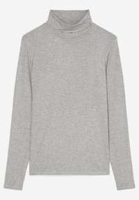 Grauer langärmeliger Rollkragenpullover aus weichem Stoff, mit glatter Textur und tailliertem Design. Keine Muster oder sichtbare Hardware.