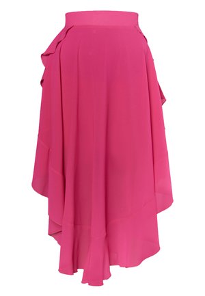 Gonna alta-bassa rosa realizzata in chiffon leggero, con un dettaglio arricciato in vita e un orlo a strati, caratterizzata da una texture liscia.