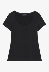 Svart T-skjorte med korte ermer laget av myk bomull, med scoop-hals og litt utvidet skjortehem, med minimal design og uten synlige mønstre.