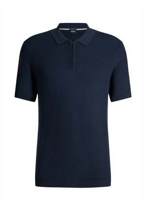 Marineblaues kurzärmeliges Strick-Poloshirt mit strukturiertem Muster, gerippten Bündchen und Saum sowie einem Reißverschluss vorne unter dem Kragen.