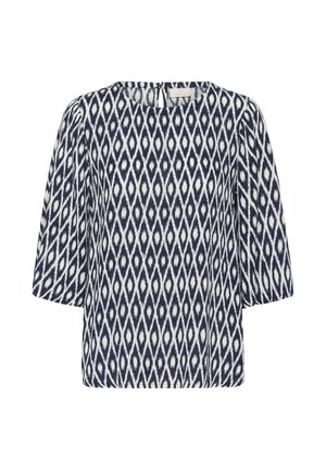 Blusa blu navy e bianca con motivo geometrico a diamante, scollo tondo, maniche a sbuffo a tre quarti e chiusura con bottone a chiffoniera sul retro.