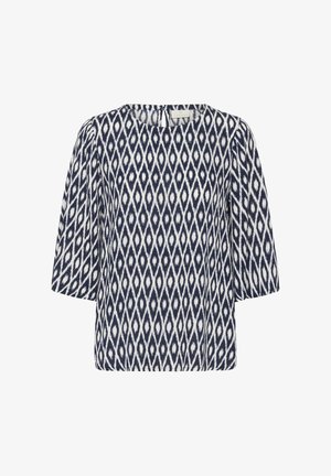 Blusa blu navy e bianca con motivo geometrico a diamante, scollo tondo, maniche a sbuffo a tre quarti e chiusura con bottone a chiffoniera sul retro.