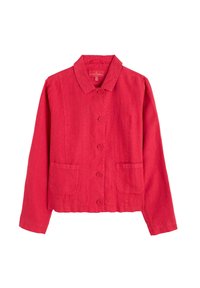 Red linen jacket with a collared neckline, front button closure, and two side pockets, featuring a textured fabric and a relaxed fit.