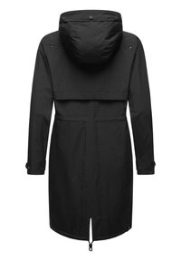 Manteau noir imperméable avec capuche, manches longues, poignets ajustables et ourlet à cordon. Dispose d'une texture lisse et mate ainsi que d'un design minimaliste.