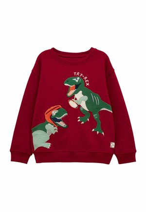 Rode kindersweatshirt met twee groene T-Rex dinosaurussen, waarvan één een oranje helm draagt, en de tekst "TRY-REX" erboven.
