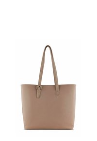 Borsa a tracolla in pelle beige con due manici lunghi, forma rettangolare, texture liscia e dettaglio con fibbia su un manico.