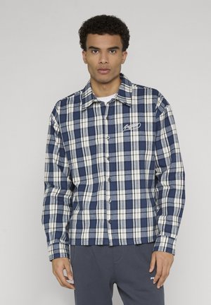 Homme portant une chemise à carreaux bleue et blanche boutonnée, avec un t-shirt blanc en dessous et un pantalon gris foncé, debout devant un fond uni.