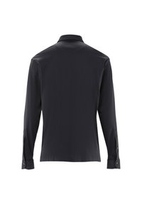 Langärmliges schwarzes Hemd aus glattem Stoff, mit klassischem Kragen und knöpfbaren Manschetten, in einem schlichten, minimalistischen Design.