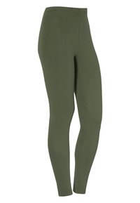 Olivevihreät legginsit, jotka on valmistettu pehmeästä, joustavasta kankaasta; ihonmyötäinen muotoilu, jossa on sileä pinta ilman näkyviä saumoja tai koristeluja.