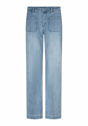 Lichtblauwe jeans met rechte pijpen, voorzakken met klep, knoopsluiting en standaard tailleband.