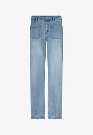 Lichtblauwe jeans met rechte pijpen, voorzakken met klep, knoopsluiting en standaard tailleband.