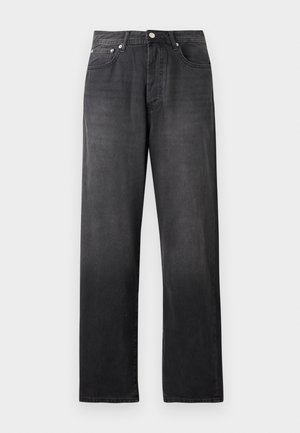 Jean noir taille haute à jambes droites avec bouton et fermeture éclair à l'avant, deux poches avant et un léger délavage.