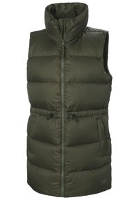 Polstrovaná zelená vesta s vysokým límcem, bočními kapsami a nastavitelným stahováním v pase. Obsahuje přední zip a izolační design.