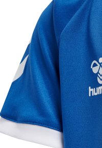 Blå idrottströja med korta ärmar, med en logotyp och vita detaljer vid fållen. Tillverkad av ett mjukt, lätt tyg.