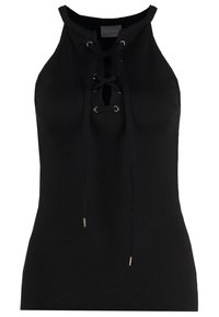 Haut noir sans manches côtelé avec col montant et détail de laçage à l'avant avec œillets métalliques et cordons.