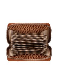 Brown leather wallet featuring a zip closure and multiple card slots with striped interior lining. Textured exterior adds grip.