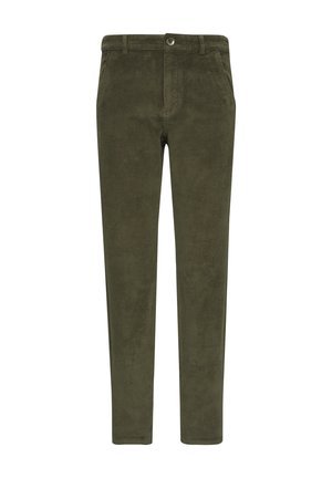 Olivgrüne Corduroy-Hosen mit schmaler Passform, die über einen Frontknopfverschluss, seitliche Taschen und eine weiche, strukturierte Oberfläche verfügen.