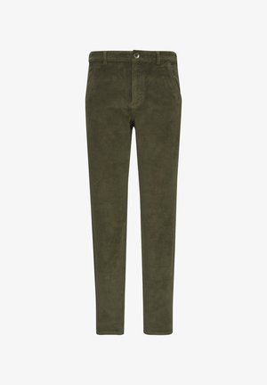 Olivgrüne Corduroy-Hosen mit schmaler Passform, die über einen Frontknopfverschluss, seitliche Taschen und eine weiche, strukturierte Oberfläche verfügen.