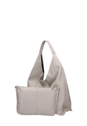 Borsa hobo in pelle grigia chiara con una sola tracolla, dotata di una pochette con zip removibile e finitura testurizzata.
