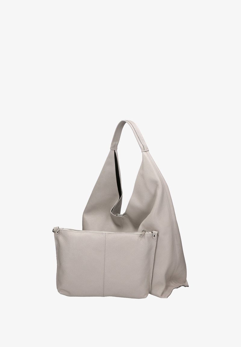 Borsa hobo in pelle grigia chiara con una sola tracolla, dotata di una pochette con zip removibile e finitura testurizzata.