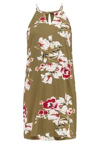 Abito halter floreale in verde oliva, con scollatura a chiave e grandi stampe di fiori bianchi e rossi. Tessuto morbido e leggero.