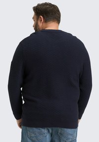Marineblauw gebreid trui met een geribbelde ronde hals en lange mouwen, met een subtiel patroon en aansluitende manchetten, weergegeven vanaf de achterkant.