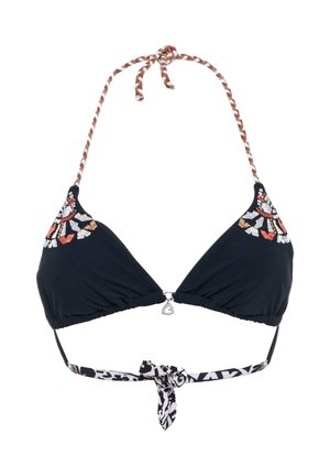 Schwarzes Bikinioberteil mit dreieckigen Cups, bestickt mit floralen Designs in Rot und Weiß, verstellbaren geflochtenen Trägern und einem gemusterten Bindeband am Rücken.