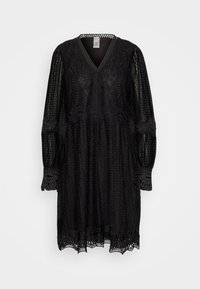 Schwarzes Kleid mit V-Ausschnitt, langen durchsichtigen Ärmeln, aufwendigen Spitzenverzierungen, strukturiertem Stoff und gewelltem Saum.