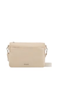Beige Leder Umhängetasche mit strukturierter Oberfläche, ausgestattet mit einem silbernen Reißverschluss und verstellbarem Riemen mit Logomuster.