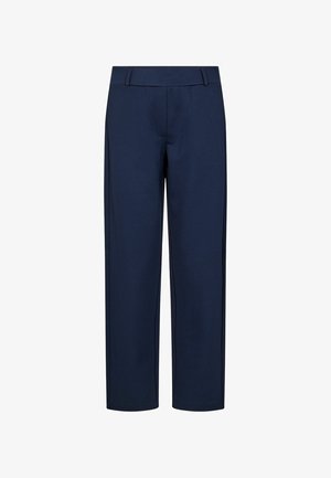 Navy blue trousers made from soft fabric, featuring a straight cut, side pockets, and minimalistic design with no visible embellishments.