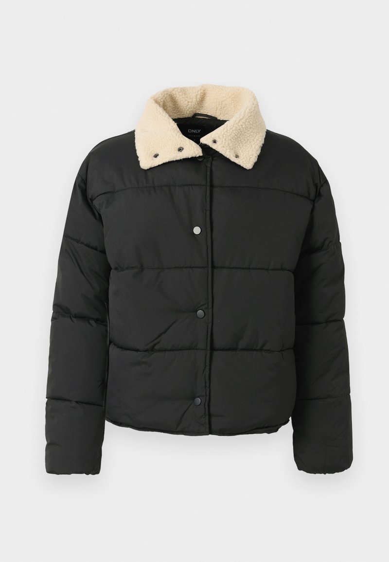 Veste en duvet noire avec un col en fausse fourrure crème, fermeture à boutons-pression et design matelassé. Présente des manches longues et un tissu texturé.