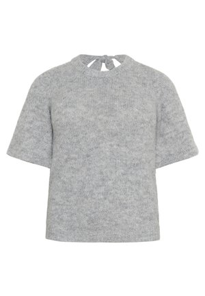 Grauer Pullover aus weichem, strukturiertem Stoff. Mit hohem Kragen und einer Bindeschließe sowie kurzen Ärmeln in lässiger Passform.