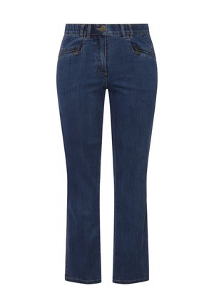 Tmavě modré džíny z denimu se střihem rovného kalhotu, předními kapsami a knoflíkovým zapínáním. Mají klasický design s pěti kapsami a jemné šití.