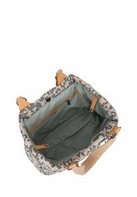 Sac à main en imprimé léopard beige avec des accents en cuir. Intérieur spacieux avec une doublure verte et une poche zippée pour l'organisation.