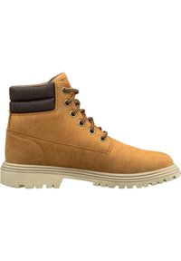 Brown leather hiking boots with a padded collar, lace-up design, and rubber outsole. Features metal eyelets and stitching accents.