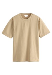 Beige puuvillane T-särk ümarate krae ja lühikeste varrukatega. Sile tekstuur, kergelt lõdva istuvusega, ilma nähtavate mustrite või aktsendita.